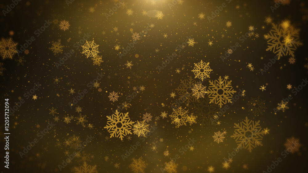Poster glittering snow flake, gold particle background greeting merry christmas with lens flare shinning li
