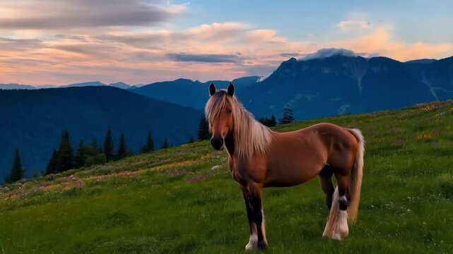 A horse on a green hill pasture, carpathian mountains, wild flowers against a blue sky with clouds at sunset.
