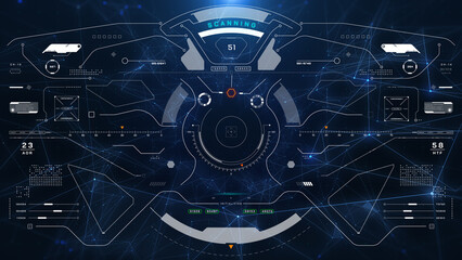 HUD Futuristic Technology UI Control Interface Screen Panel Fly Through In Low Poly Wave Line Connection illustration.