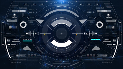 HUD screen surveillance aerial view fly through in cyber low poly galaxy. Technology digital head up display UI scanning interface illustration.