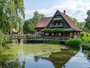 Obraz premium Wooden house with a red tiled roof surrounded by a pond with lily pads and trees