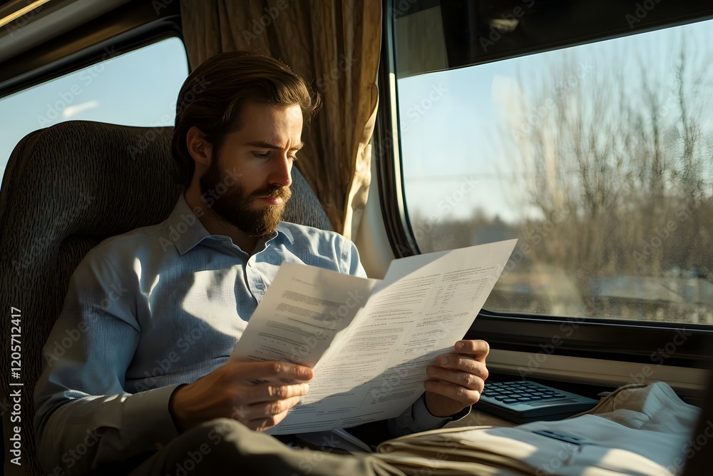 Poster financial analyst reviewing printed report with calculator and spreadsheets while traveling on