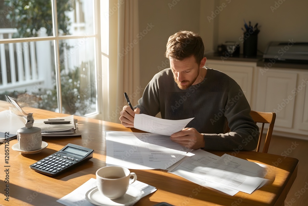 Poster financial analyst reviewing printed report with calculator and spreadsheets at dining table