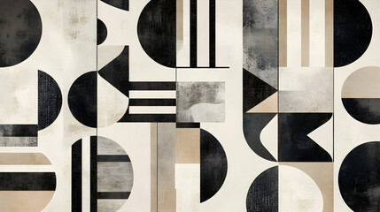 Abstract Geometric Design with Black and Cream Shapes and Lines