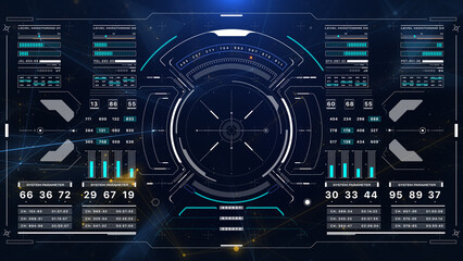 HUD Futuristic UI Control Interface Screen Panel Motion Background. Abstract Particle Organic Wave Floating Background In Hi Technology Future Frame Illustration.