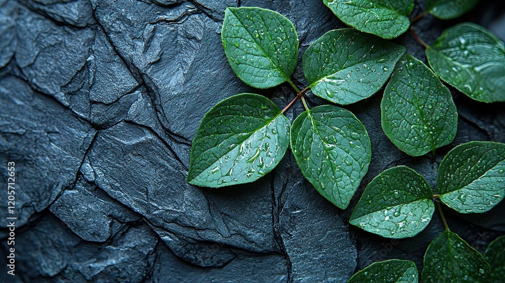 Poster green leaves with water droplets resting on dark slate background creating a refreshing natural ambi