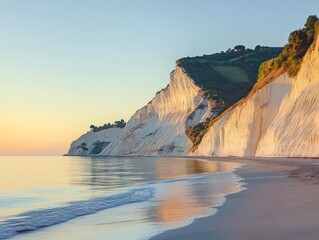 Scenic coastal landscape featuring white cliffs meeting the tranquil sea at sunset