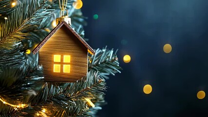 Christmas ornament shaped like a house with glowing windows