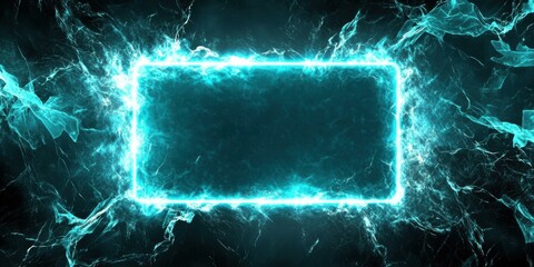 A glowing neon rectangle with an electric energy effect, edges flickering slightly like sparks, glowing in shades of cyan and magenta, centered on a dark grunge background with a digital texture