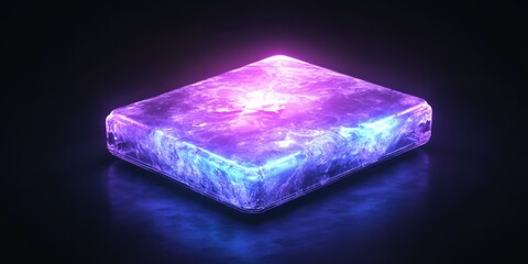 A glowing neon rectangle with glitch effects, radiating purple and blue light, floating on a sleek black canvas