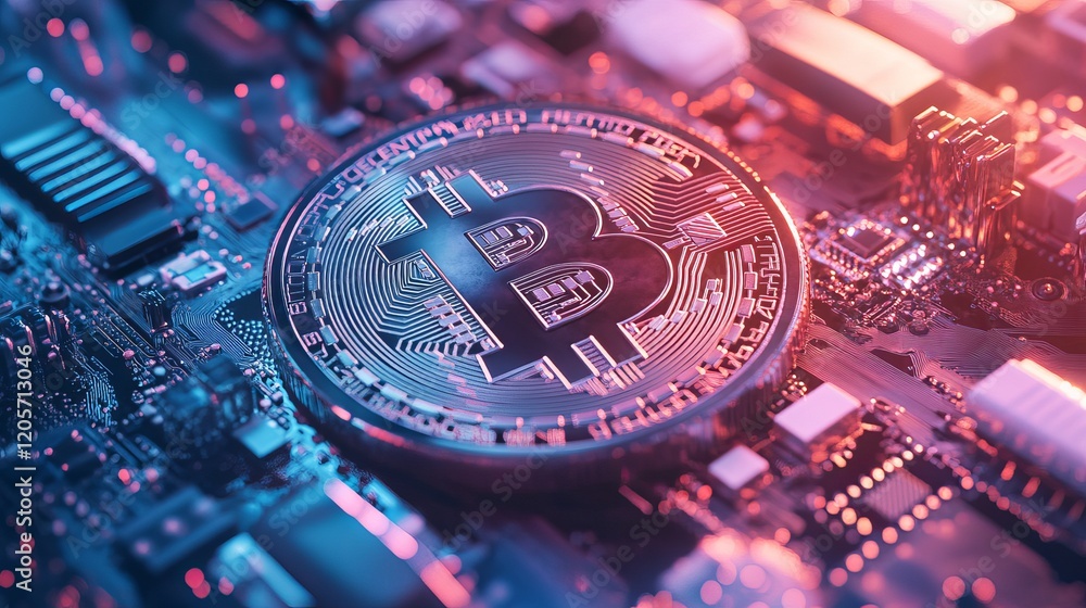 Poster bitcoin cryptocurrency on circuit board - abstract tech background