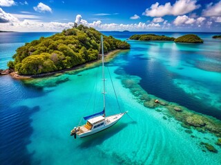 Aerial Drone Shot: Sailboat Anchored in Turquoise Lagoon, Tropical Paradise