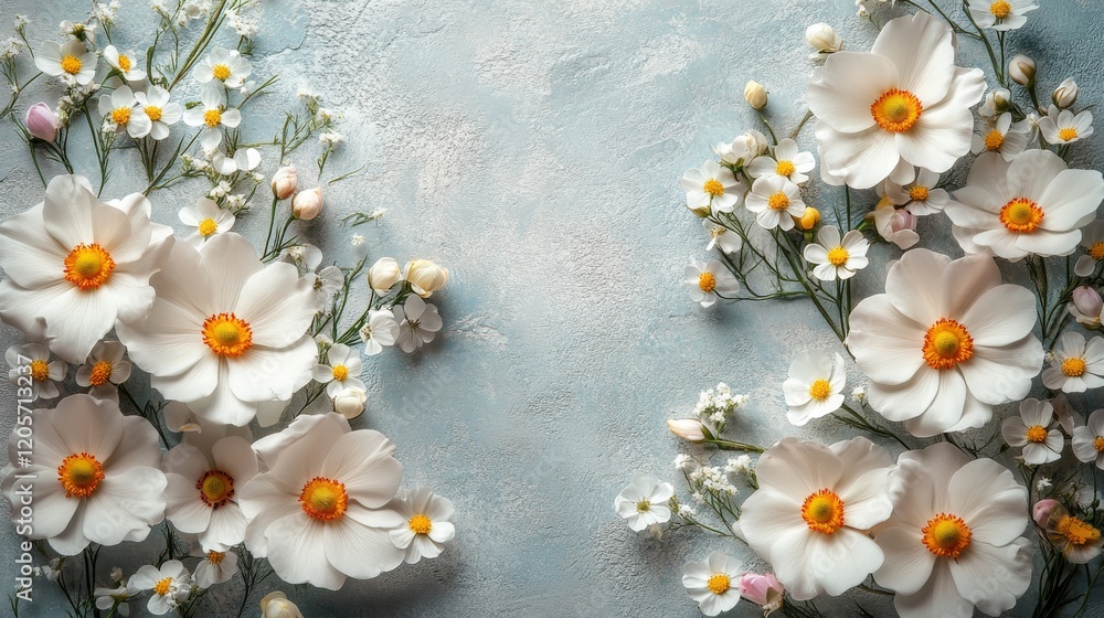 Poster Elegant floral arrangement of white anemones on a soft blue textured background creates a serene and inviting image suitable for various design needs