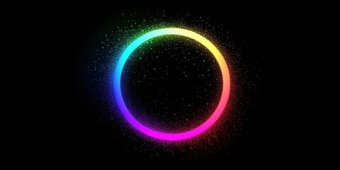 Naklejka premium A gradient neon circle glowing in rainbow hues, surrounded by tiny glowing particles on a deep dark background