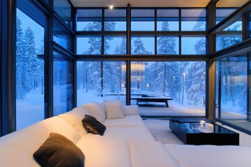 A modern Contemporary house style living room with large glass windows showcasing a snowy landscape...