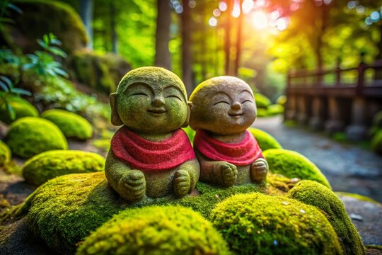 Aerial Drone Shot: Tender Smiling Nagomi Jizo Statues in Peaceful Setting
