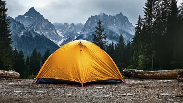Yellow tent nestled in the mountains amidst lush greenery and towering peaks