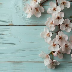 Beautiful cherry blossoming tree branches with copy space on light green wooden background