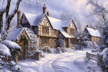 Fototapeta premium A picturesque winter scene featuring charming stone Tudor houses style with snow-covered roofs. The landscape is blanketed in fresh snow, with trees and bushes adorned with snowflakes. 