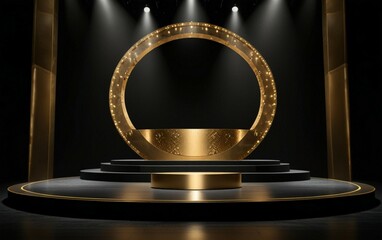 cinematic stage spotlights, golden particle atmosphere, dramatic upward beams, glowing floor reflection, starry lighting effect, dark luxury backdrop, premium awards ceremony scene