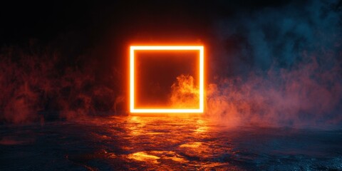 A hollow neon square emitting a warm orange light, surrounded by faint glowing mist on a pitch-black surface