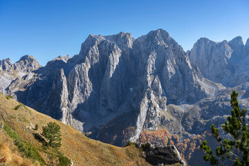 The North Albanian Mountains, also known as the Alpet Shqiptare (Albanian Alps) or Bjeshket e Namuna (Accursed Mountains), which Albania shares with Montenegro and Kosovo. Extremely steep mountains