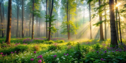 A serene forest with a misty morning atmosphere and a few trees in the background, surrounded by lush greenery and vibrant wildflowers , relaxation, atmosphere