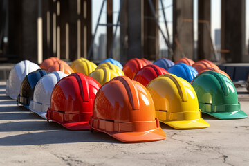 Casques de chantier colorés alignés sur un site de construction chantier, sécurité EPI équipement de protection individuel, travail en équipe