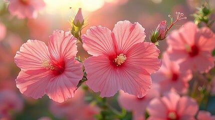 Obraz premium Delicate pink hibiscus flowers blossoming in soft sunlight during a serene afternoon in a garden