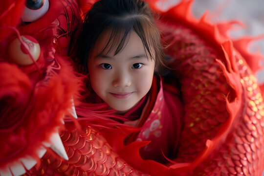 Jeune fille asiatique en tenue traditionnelle rouge avec un dragon rouge majestueux en arri&egrave;re-plan, illustration culturelle et symbolique de la protection et de la vaillance