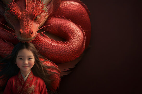 Jeune fille asiatique en tenue traditionnelle rouge avec un dragon rouge majestueux en arri&egrave;re-plan, illustration culturelle et symbolique de la protection et de la vaillance