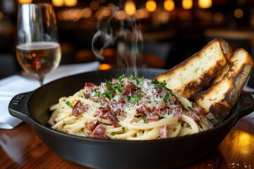 A steaming bowl of spaghetti carbonara, topped with grated Parmesan cheese and fresh parsley, with garlic bread on the side