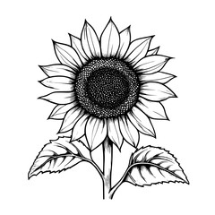 Fototapeta premium Detailed black and white illustration of a sunflower with textured petals and leaves set against a plain background. Generative AI