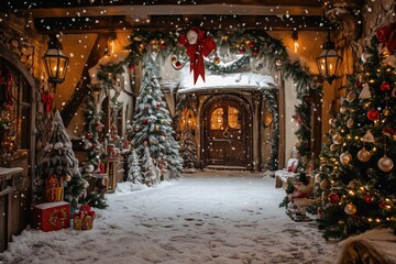 Fototapeta premium A festive winter scene featuring a Tudor house style charming pathway adorned with Christmas decorations, snow-covered ground, and beautifully decorated trees. 