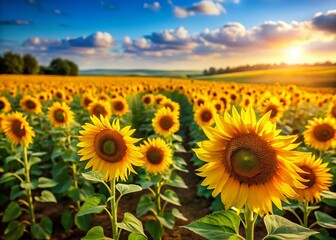 Fototapeta premium Aerial Tilt-Shift View: Sunlit Sunflower Field Rows, Sunny Day
