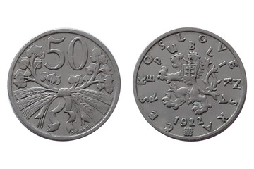 50 heller coin of 1922. Czechoslovakia coin. 50 heller 1922 Obverse and Reverse coin on white...