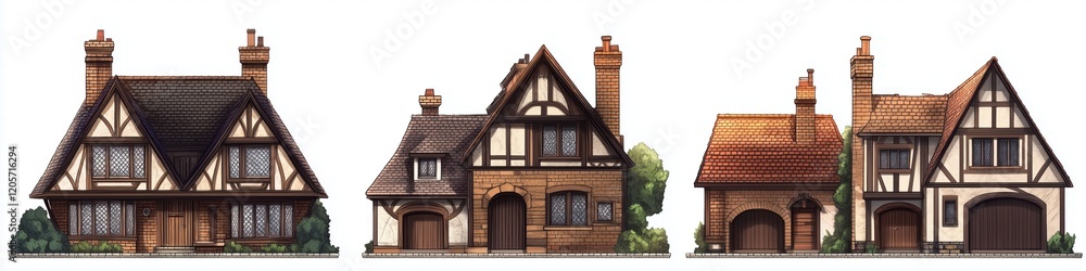 Poster a collection of three distinct tudor house style showcasing various architectural styles. the first 