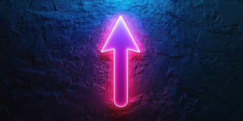 A single glowing neon arrow pointing upwards, with a gradient glow from blue to pink, surrounded by a faint light halo on a textured dark background