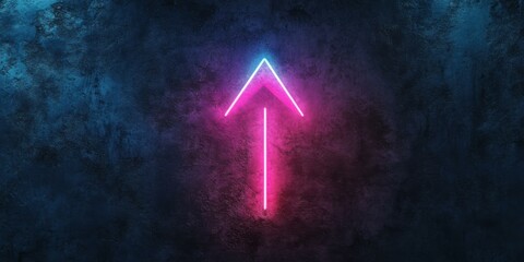 A single glowing neon arrow pointing upwards, with a gradient glow from blue to pink, surrounded by a faint light halo on a textured dark background
