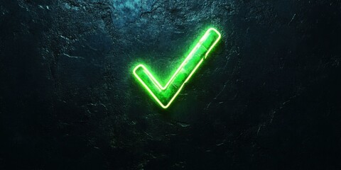 A single glowing neon checkmark, emitting a bright green glow, centered on a textured black background