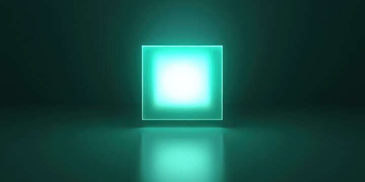 A single glowing neon square with a green to teal gradient, softly pulsating against a sleek dark backdrop