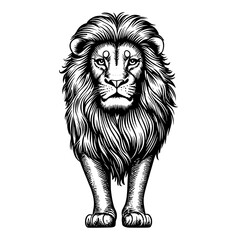 Obraz premium Majestic lion with detailed mane depicted in a striking black and white illustration. Generative AI