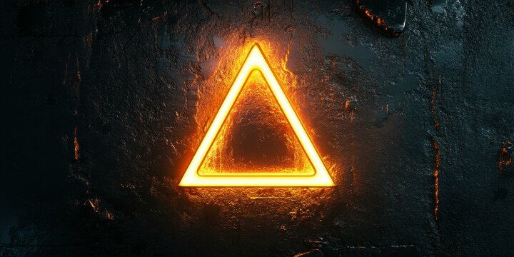 A single glowing neon triangle pointing upwards, with a gradient glow from orange to yellow, centered on a textured black background