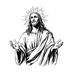 Fototapeta premium Depiction of a figure with outstretched arms and a halo expressing compassion and peace in a stylized artwork. Generative AI