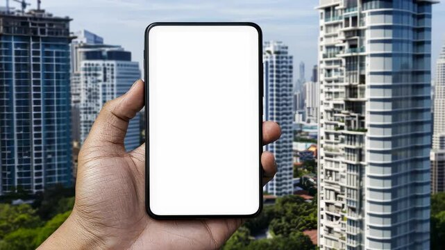 Hand holding a blank smartphone against a city skyline backdrop