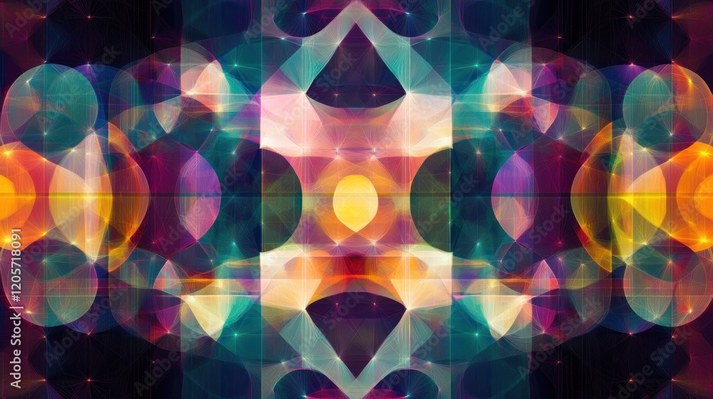 Poster vibrant geometric pattern featuring overlapping circles with glowing lines and starburst effects