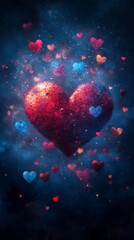 Trendy neon hearts with blue and pink bokeh lights, perfect for modern Valentine's Day campaigns, social media posts, and digital decorations.