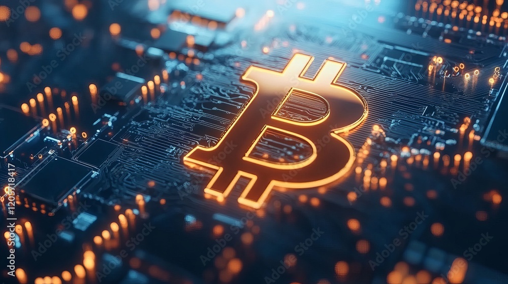 Poster glowing bitcoin symbol on circuit board background