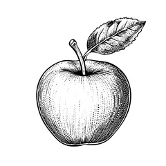Detailed sketch of a ripe apple with a leaf showcasing its natural texture and form on a plain background. Generative AI