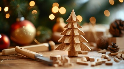 Wooden tree is on a table with a knife and a pile of wood
